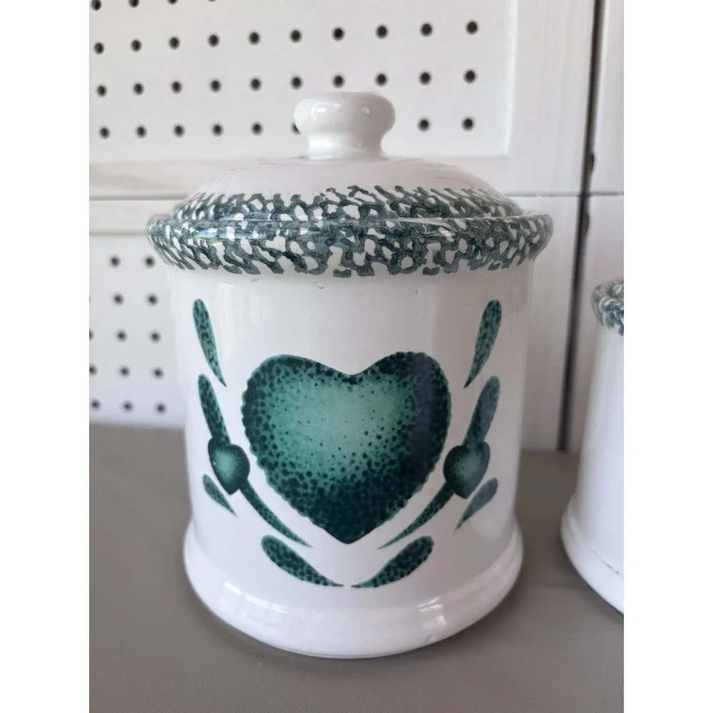 Corelle‎ Canister Set 3pc Green Hearts Sponge Ceramic Farmhouse Cottagecore